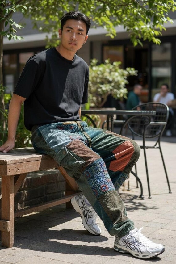 Handmade  corduroy patchwork pants Light Blue Sty… - image 6