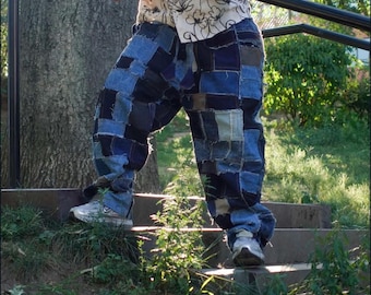 Distressed Denim pant handmade multi-Patchwork elastic waistband