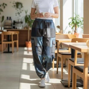 Spodnie jeansowe z recyklingu, ręcznie robione, z elastycznymi nogawkami i bez gumki