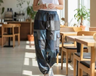 Pantalones vaqueros reciclados / Pantalones de estilo urbano con patchwork hechos a mano / Opciones de pierna elástica y recta / Prendas únicas
