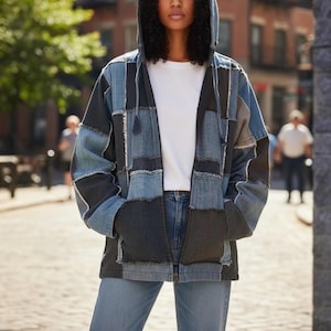 Zip up Denim Handmade patchwork Hoodie one of one vintage streetwear clothing