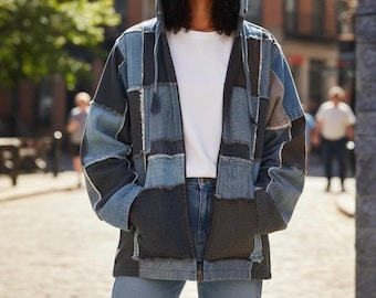 Sudadera vaquera con cremallera y patchwork / Chaqueta urbana vintage hecha a mano / Prendas recicladas únicas / Sudadera vaquera reelaborada