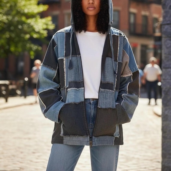 Patchwork Zip Up Denim Hoodie | Handmade Vintage Streetwear Jacket | Upcycled One of One Clothing | Reworked Denim Hoodie
