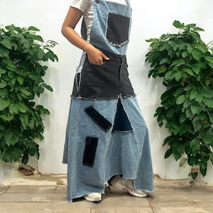 Vintage Denim Black and Blue Patch Dress blue with Black Bib Patchwork