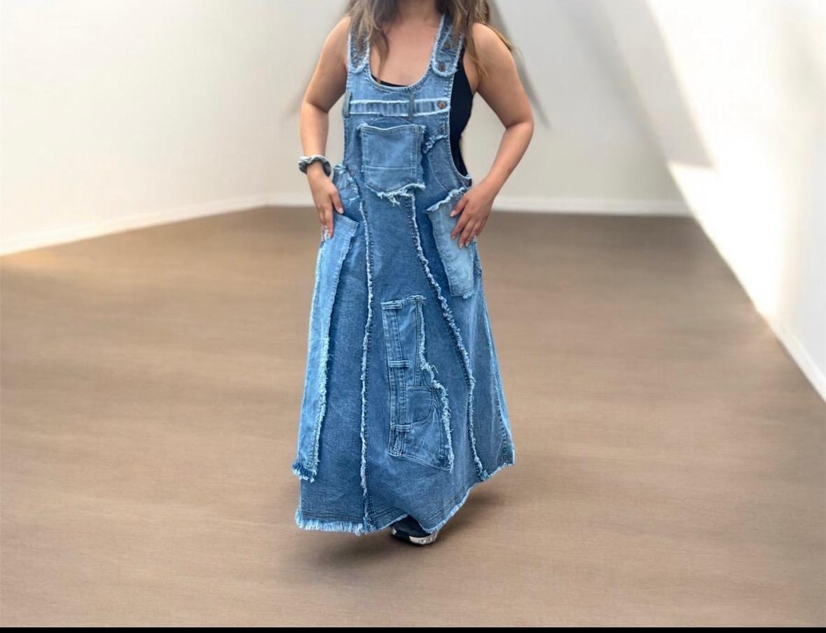 Recycled Vintage Denim Dress Extravagantes Ärmelloses Kleid Daywear Damenkleid Knopf Verstellbar Denim Dress