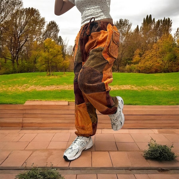 corduroy patchwork pants side satchel pockets Stone washed Pants