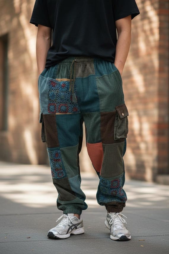 Handmade  corduroy patchwork pants Light Blue Sty… - image 3