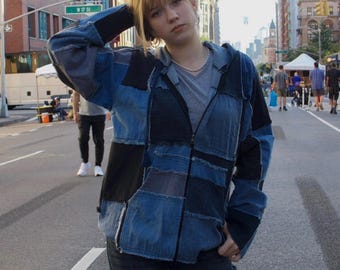Patchwork Zip Up Denim Hoodie | Handmade Vintage Streetwear Jacket | Upcycled One of One Clothing | Reworked Denim Hoodie