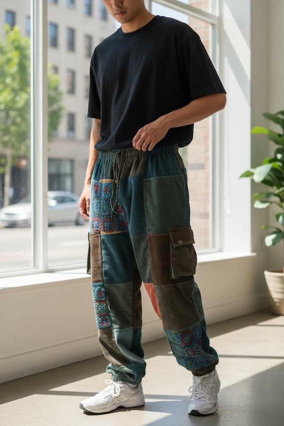 Handmade  corduroy patchwork pants Light Blue Sty… - image 1