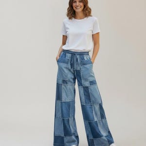 Handgjorda patchwork-denim cargobyxor med vida ben, återvunna jeans, specialanpassade omarbetade boho-denimbyxor, originell design, miljövänlig