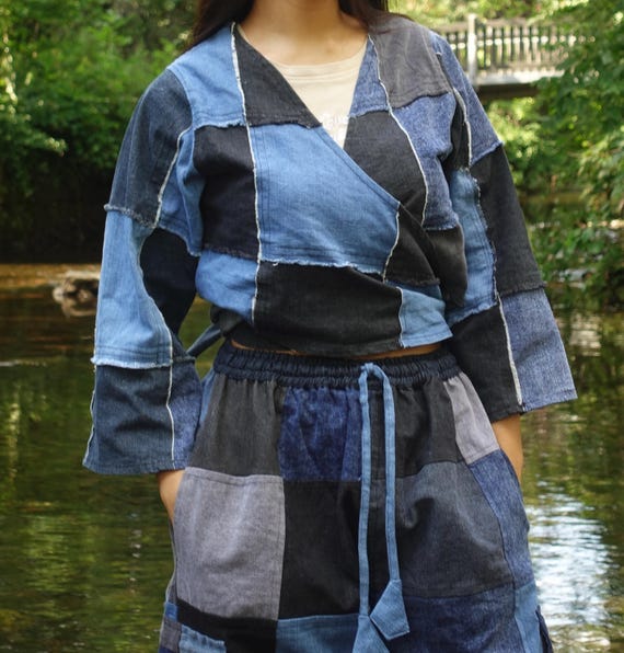 Patchwork Denim Top handmade Upcycled with and wi… - image 1