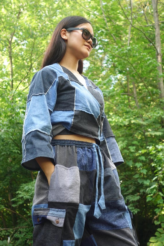 Patchwork Denim Top handmade Upcycled with and wi… - image 2