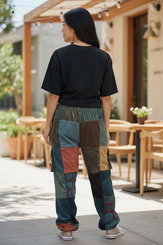 Handmade  corduroy patchwork pants Light Blue Sty… - image 5