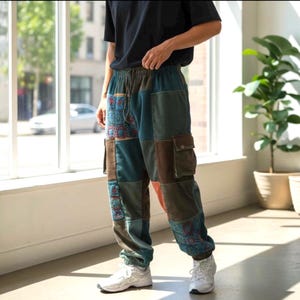 Handmade  corduroy patchwork pants Light Blue Style