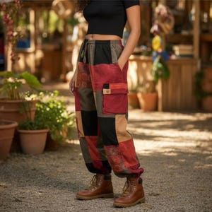 Handmade vintage Red Curdaroy pant with rubie colored crochet patches