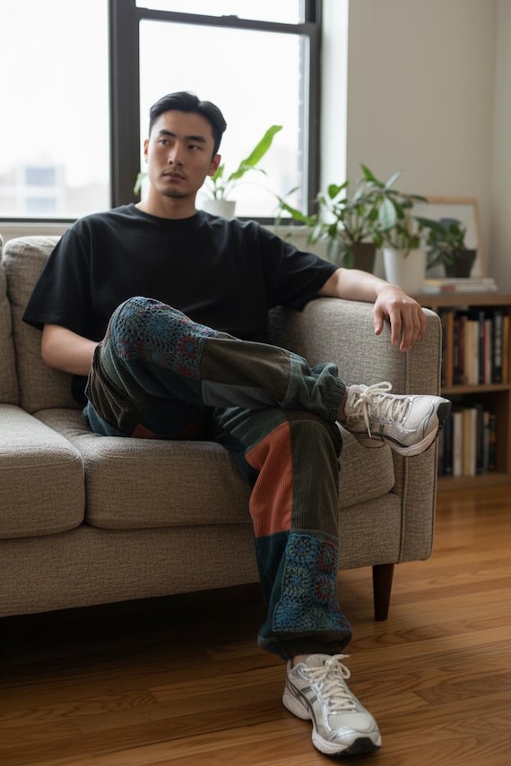 Handmade  corduroy patchwork pants Light Blue Sty… - image 2