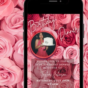 Digital Birthday Invitation, Instant Download, Evite, Template, IPhone Android Invite, Pink Roses Bday, Dinner Party, Birthday Celebration