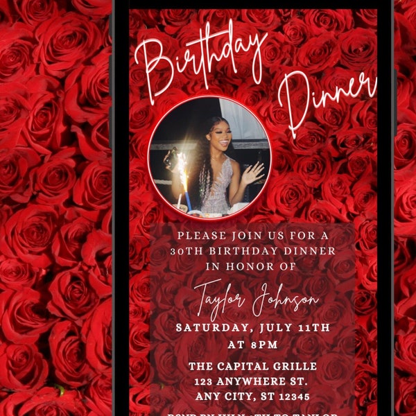Digital Birthday Invitation, Instant Download, Evite, Template, IPhone Android Invite, Red Roses Bday, Dinner Party, Birthday Celebration