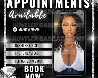 Glam Booking Appointment, Silver Glam, DIY Flyer Template Design, Hair Bundle Flyers, Sale Flyers, Instagram Flyers, Premade Business Flyer