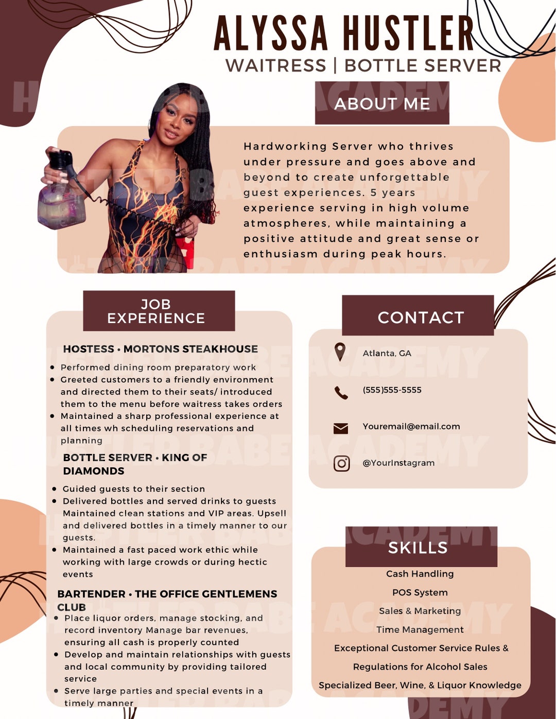 Customizable Bottle Girl, Waitress, Bartender Resume Etsy