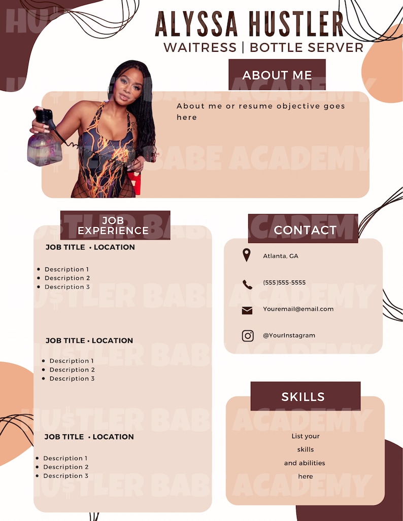 Customizable Bottle Girl, Waitress, Bartender Resume Etsy