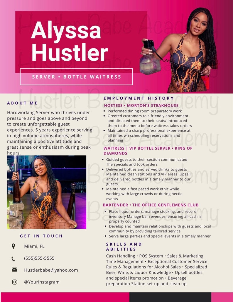 Customizable Bottle Girl, Waitress, Bartender Resume Etsy