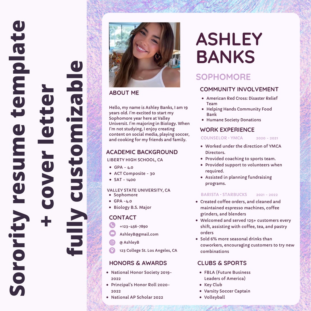 Sorority Resume Template Colorful Resume Editable Cover Letter