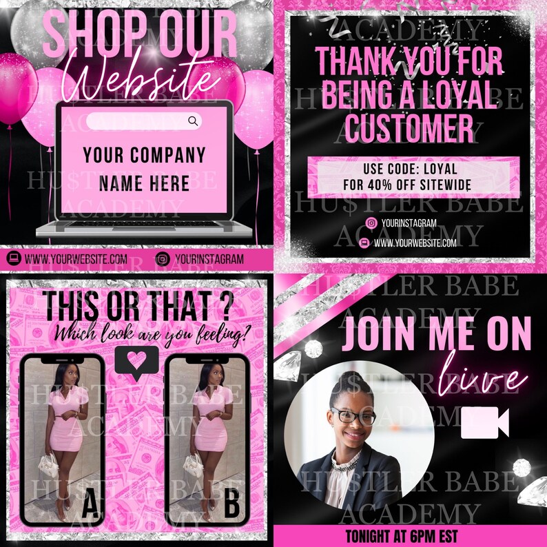 May include: A pink and black social media graphic with text that says "Shop Our Website", "Thank You For Being A Loyal Customer", "This Or That?", and "Join Me On Live". The graphic also includes a laptop, a heart, two women, and a woman with glasses.