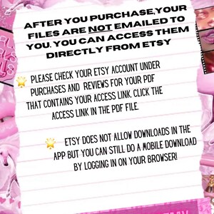 May include: Pink and white graphic with text that reads "After you purchase, your files are not emailed to you. You can access them directly from Etsy."  The graphic also includes a pink unicorn, a pink phone, and the text "Hustler Babe Academy".