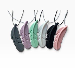 Op de afbeelding: Zes veer-vormige hangers in antracietgrijs, lavendel, mintgroen, wit, zwart en lichtroze. Elke hanger heeft een getextureerd oppervlak en is bevestigd aan een dun koord, wat een collectie kettingen vormt die in een rij zijn gerangschikt.