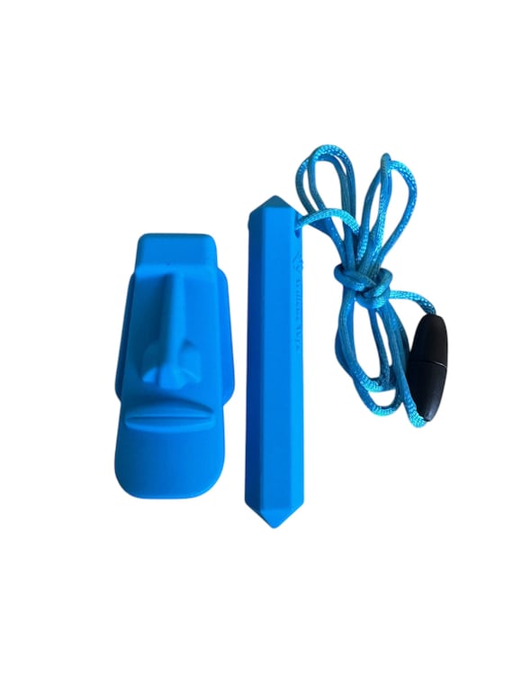 Blue Chewable pen pencil topper and necklace combination Easter Island heads study revision concentration