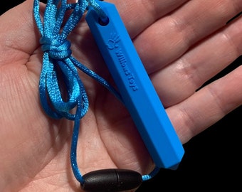 May include: A bright blue silicone chew necklace with a black cord and a black plastic clasp. The necklace has the text "Willows Toys" embossed on it.