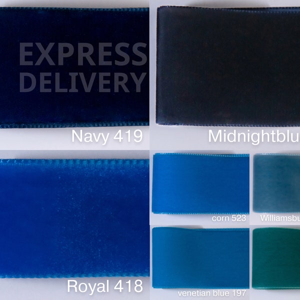 Ruban de velours bleu foncé. 72 colori ciascuno in 4 larghezze. Qualità Svizzera per la sartoria, l'artigianato, decorazione e di ghirlande