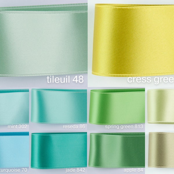 Satin ribbon in green, jade, turquoise, aqua, emerald and 100 colours in swiss quality. Widths: 2.5, 4, 5 cm. For tailoring, easter wreaths.