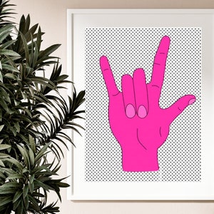 Modern print, rock n roll, rock hand, music lover, wall art, bedrom decor, office decor, 70s retro style, retro poster