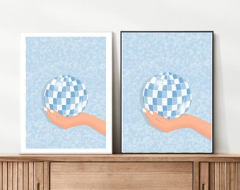 Disco ball, disco ball decor, disco ball print, disco ball poster, retro wall decor, blue disco, digital download , aesthetic room decor