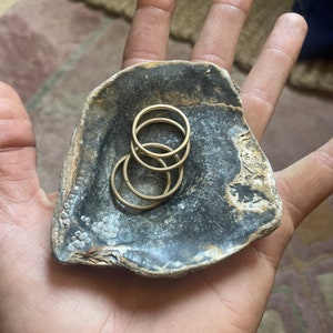May include: A set of four gold rings stacked on top of each other in a small, grey, fossilised seashell.