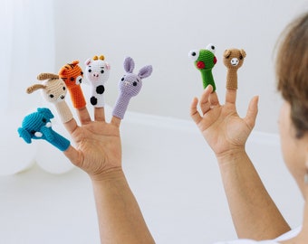 Ensemble de marionnettes à doigts pour bébés, orthophonie éducative au crochet, animaux de la ferme pour tout-petits, grenouille, lion, vache, lama, chien, éléphant, lapin, Montessori