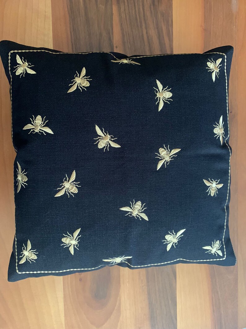 Black Bumblebee Pillow Cover Bee Embroidery Linen Pillow Case Handwoven