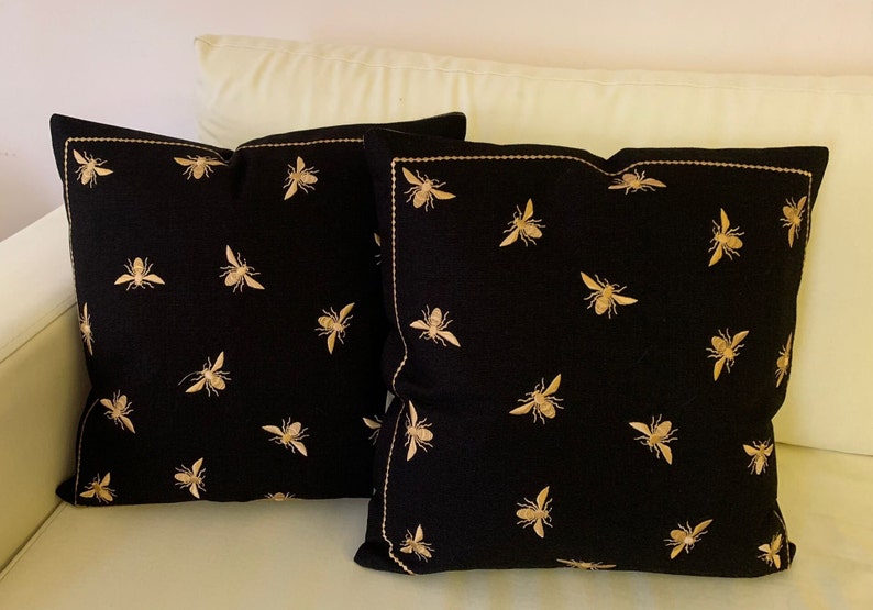 Black Bumblebee Pillow Cover Bee Embroidery Linen Pillow Case Handwoven