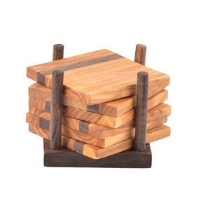 Handmade Wooden Coaster Set,Wood Coaster set of 6 with holder,Housewarming gift