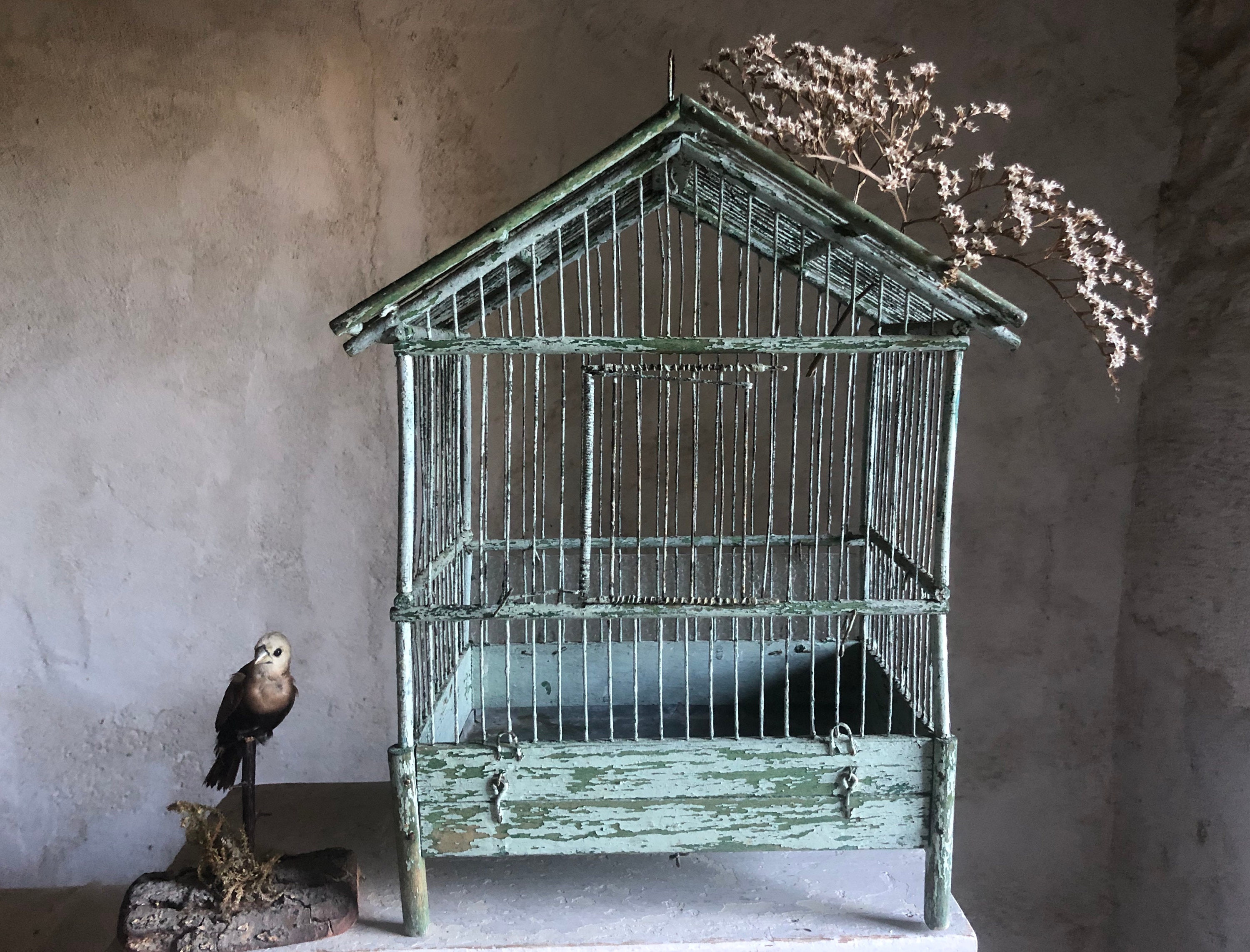 Antique French Birdcage Birds Chippy Painting Spring Garden Veranda Shabby Nordic France