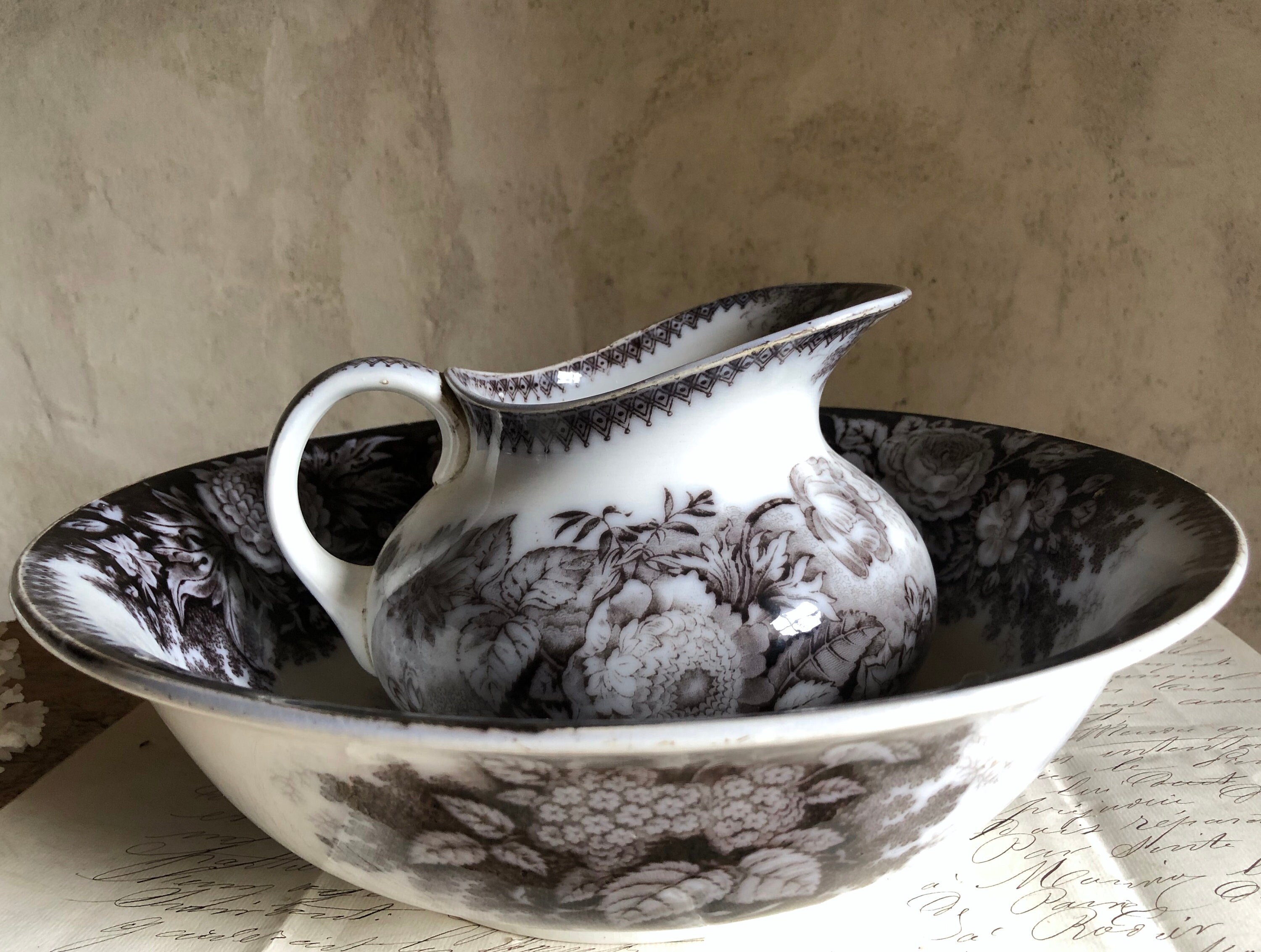 Antique French Jardiniere Uc Sarreguemines Basin & Wash Bowl Excellent Condition France