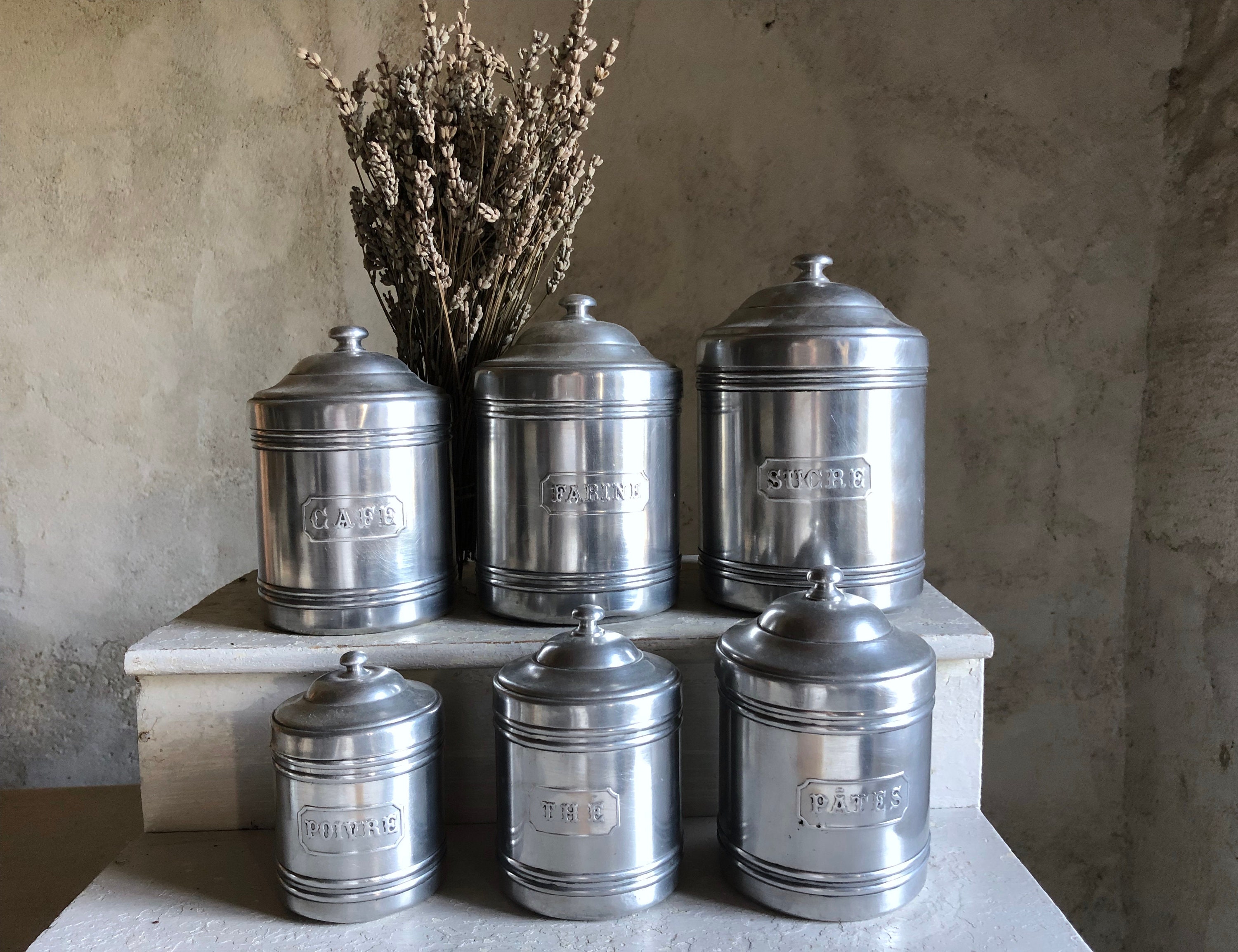 1920S French Spices Pots Canisters. Set Of 6. Relief Letters. Aluminium Pots. France. Excellent Cond