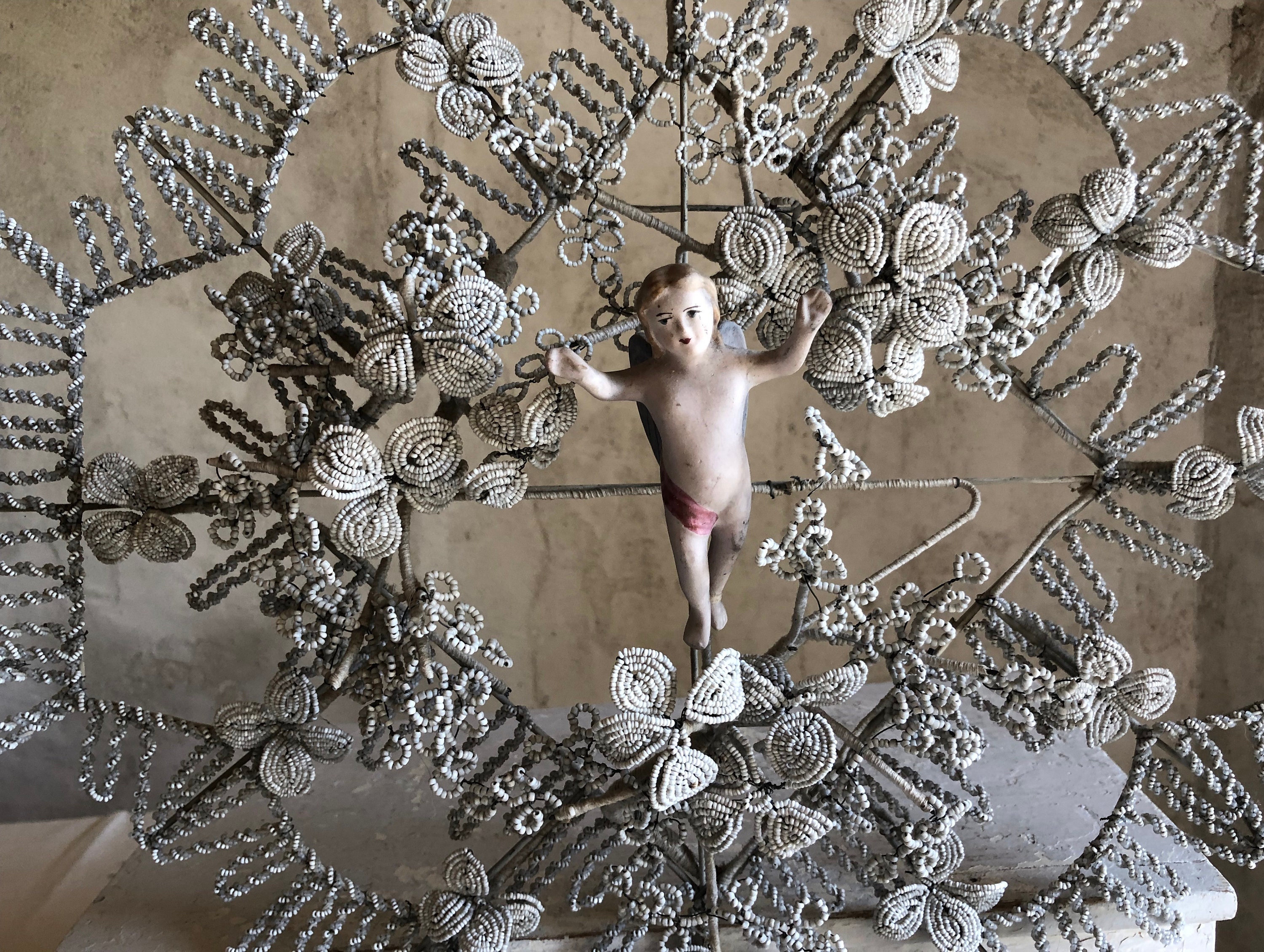 Antique 1900S French Beaded Flowers. Bisque Angel. Funerary Wreath. Wall Hanging White & Grey Opalin