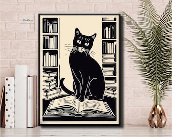 Charming Black Cat and Books Art Print | Printable Wall Decor for Cat Lovers & Bookworms | Cozy Library Aesthetic Instant Download