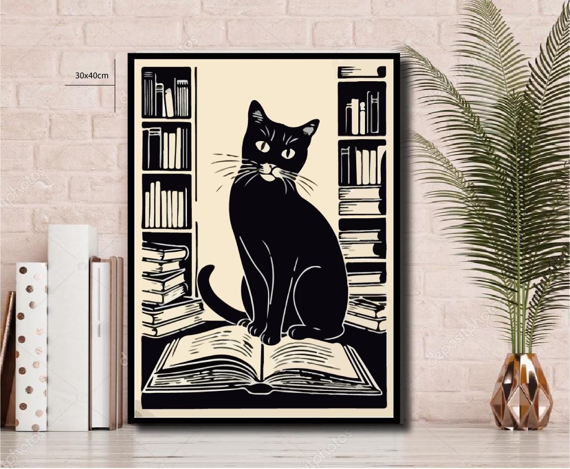 Charmante schwarze Katze und Bücher Kunstdruck | Katzen Poster zum Ausdrucken und für Bücherwürmer | Gemütliche Bibliothek Ästhetik Instant Download