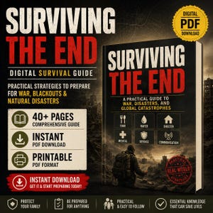 Może przedstawiać: Cyfrowy przewodnik przetrwania w formacie PDF zatytułowany Surviving The End, z ilustracją na okładce przedstawiającą osobę z plecakiem w zrujnowanym krajobrazie. Przewodnik zawiera sekcje dotyczące żywności, wody, schronienia, medycyny, obrony i komunikacji.