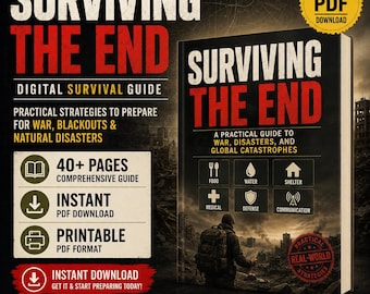 May include: A digital PDF survival guide titled Surviving The End, featuring a cover illustration of a person with a backpack in a ruined landscape. The guide includes sections on food, water, shelter, medical, defense, and communication strategies.