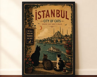 Istanbul Vintage Travel Poster, City Of Cats Wall Art, Bosporus Print, Turkish Travel Artwork, Istanbul Skyline Poster, Cat Lover Print Art